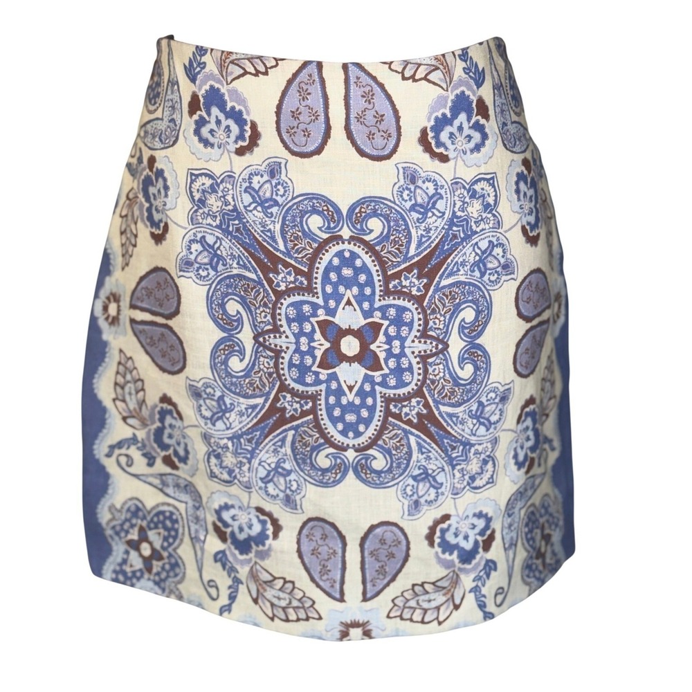 Karina Grimaldi Skirt Women Medium Blue White Linen Paisley‎ Mini Sample